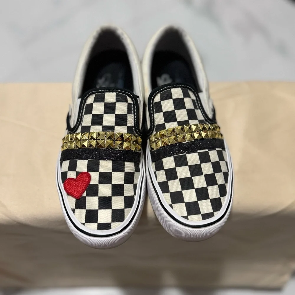 Vans Black and White Checkered Slip-Ons with Red Heart and Gold Studs - Picture 2 of 8